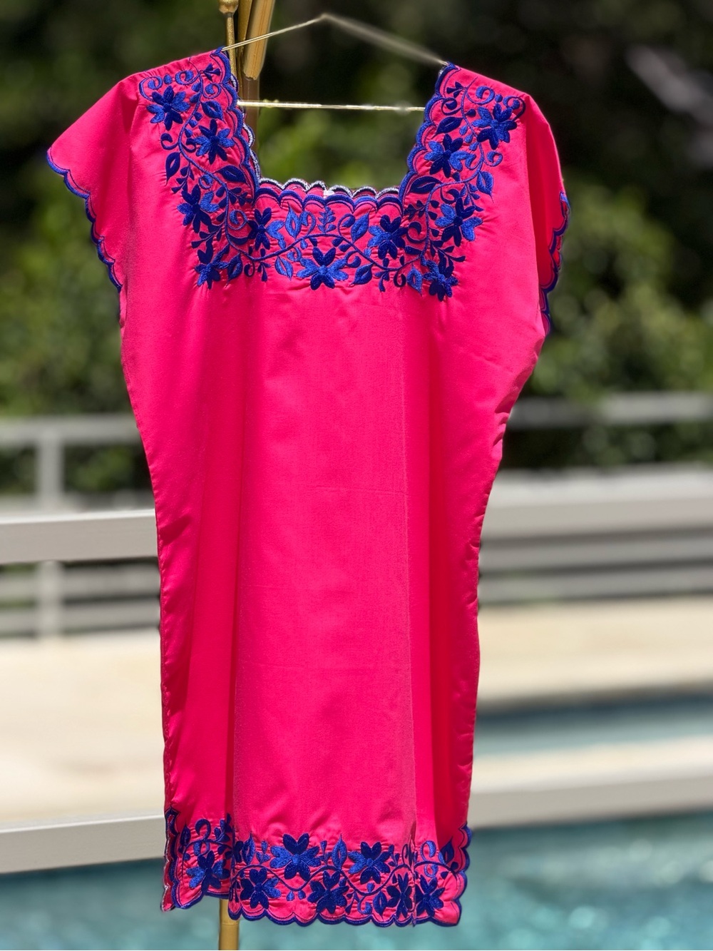 Bright Pink Embroidered Shift Dress with Blue Floral Accents